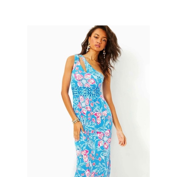 Lilly Pulitzer Dresses & Skirts - Lilly Pulitzer Helina One Shoulder Maxi Dress M Bahamian Rhapsody Blue Pink NEW